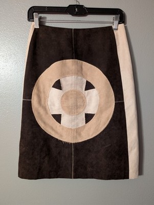 Hazel Brown Beige Faux Suede Patchwork Mod Circle Skirt Retro Lined