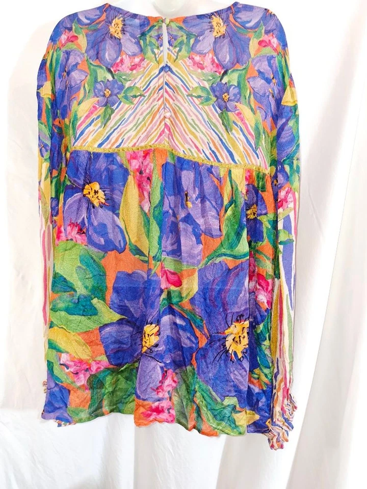 Anthropologie Bl'a'nk London Floral & Striped Blouse 1X Orange Blue classy - Image 3 of 4