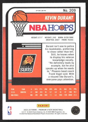 Kevin Durant 2023-24 Hoops Premium Stock Ice Prizm #209 Phoenix Suns - Picture 2 of 2