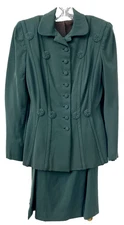 Vtg 40’s FORSTMANN Green Wool Gabardine Nipped 27" Waist Suit Jacket Skirt RARE