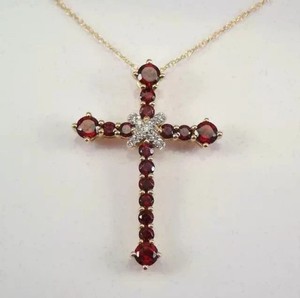 Authentic 2.00Ct Round Cut Lab-Created Red Garnet Cross Pendant 14k Yellow Gold Plated