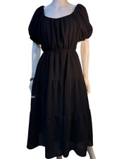 ASTR The Label Tiered Smocked Puff Sleeves Midi Dress Black Size Small EUC