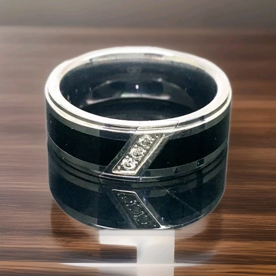 Classy Men's Wedding Band Diamond Black Silver Tungsten Carbide 8mm Ring - Image 3 of 4