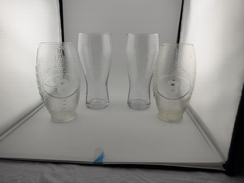 Set of 4 Clear 16 oz Beer Glasses, 2 Football 2 Budweiser Embossed