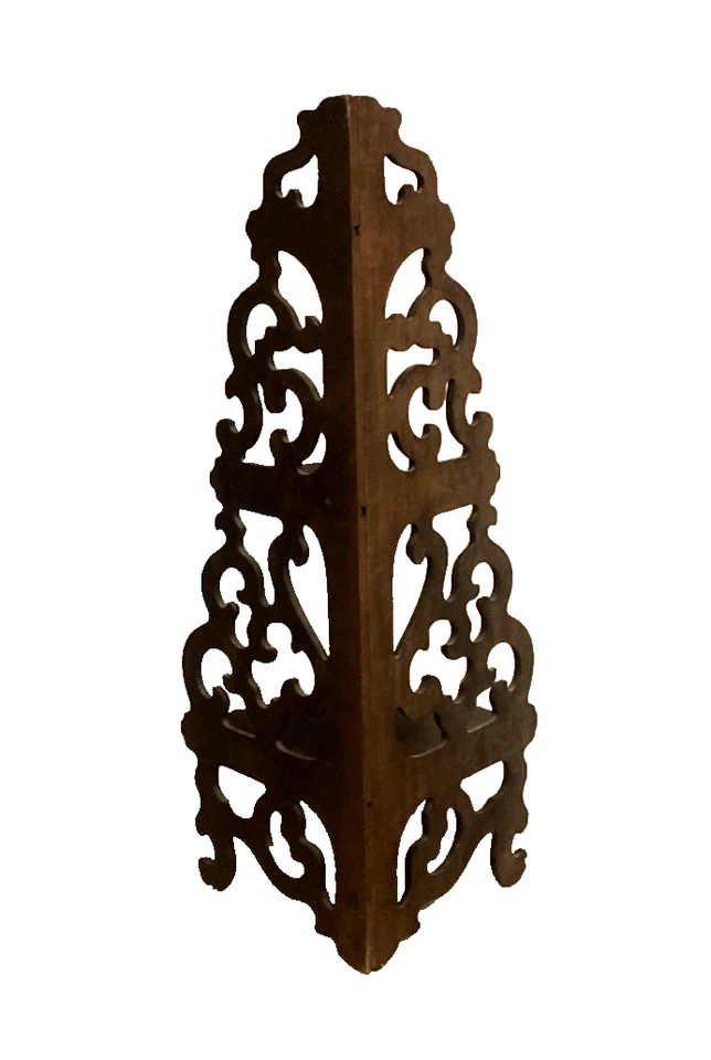 Antiguo estante de esquina de 3 niveles para colgar en la pared o sobremesa de madera de caoba recortados Foto 2 de 2