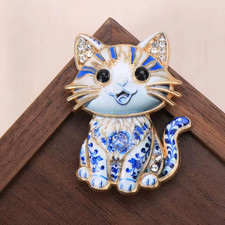 Blue White Cat Flower Brooch Pin Vintage Gold Tone Crystal Animal Jewelry Gift