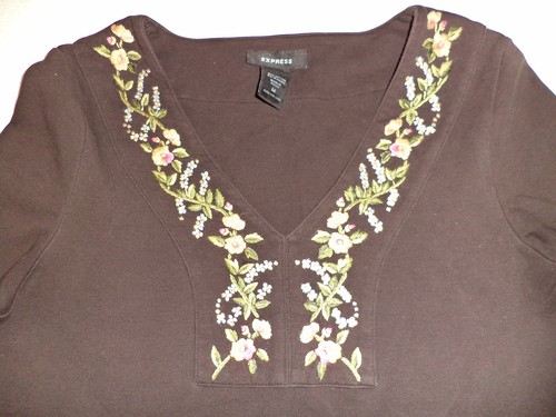 EXPRESS LONG SLEEVE BROWN V-NECK W/FLORAL PRINT PULLOVER TOP M K#5988 - Picture 2 of 4