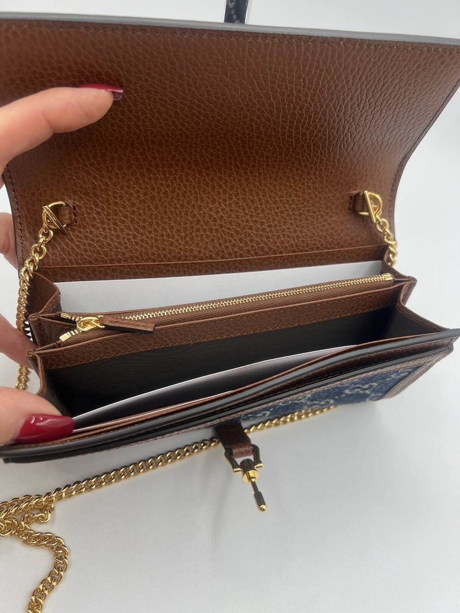 NWT Gucci Jackie 1961 GG Monogram Blue Denim Wallet on Chain