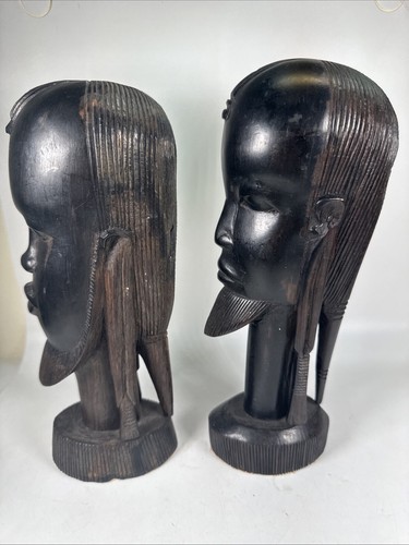 Coppia di busti in legno di ebano africano intagliati a mano da 9,5" - figure maschili e femminili RARI - Foto 8 di 10