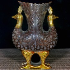 Collectible Chinese old copper Gilded handmade double head Phoenix statue cup