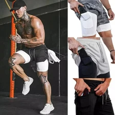 Men's 2 in 1 Running Shorts Compression Gym Workout Training Liner Pockets Pants