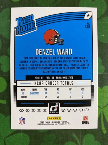 2018 Panini Donruss Denzel Ward Green Press Proof Rookie #348 Cleveland Browns - Picture 2 of 2