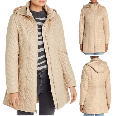 Via Spiga Zigzag Quilted Detachable Hood Jacket Pockets XS/Small Beige $200