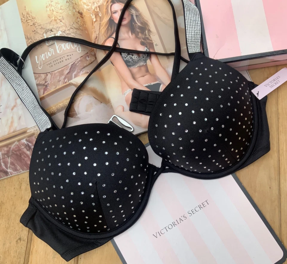 Top de bikini push-up Victoria's Secret negro con correa brillante bomba 36C EE. UU. Foto 4 de 4