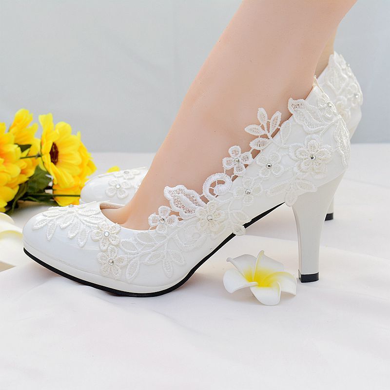 Women Handmade Floral Bridal Wedding High Heels Pumps White Lace Princess  Shoes | eBay