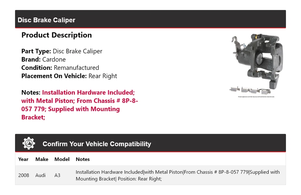 Pinza de freno de disco trasera derecha cardone para Audi A3 2008 Foto 2 de 4