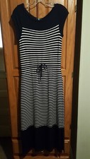 T By Talbots Nautical Navy White Striped Maxi Dress French Terry Size 2P A4