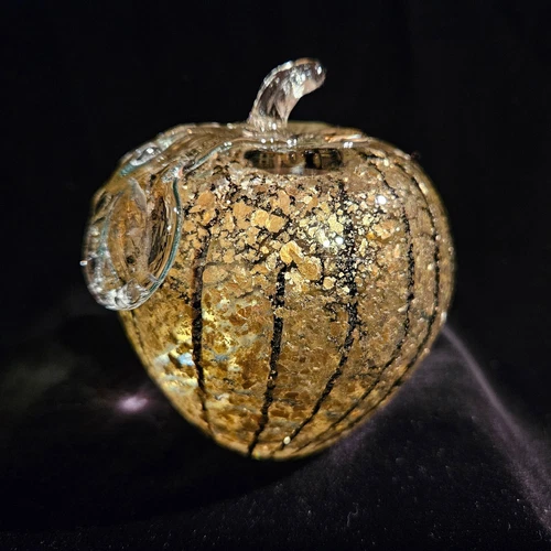 Hand Blown Glass Apple Paperweight Adventurine Black Stripes Applied Stem Leaf