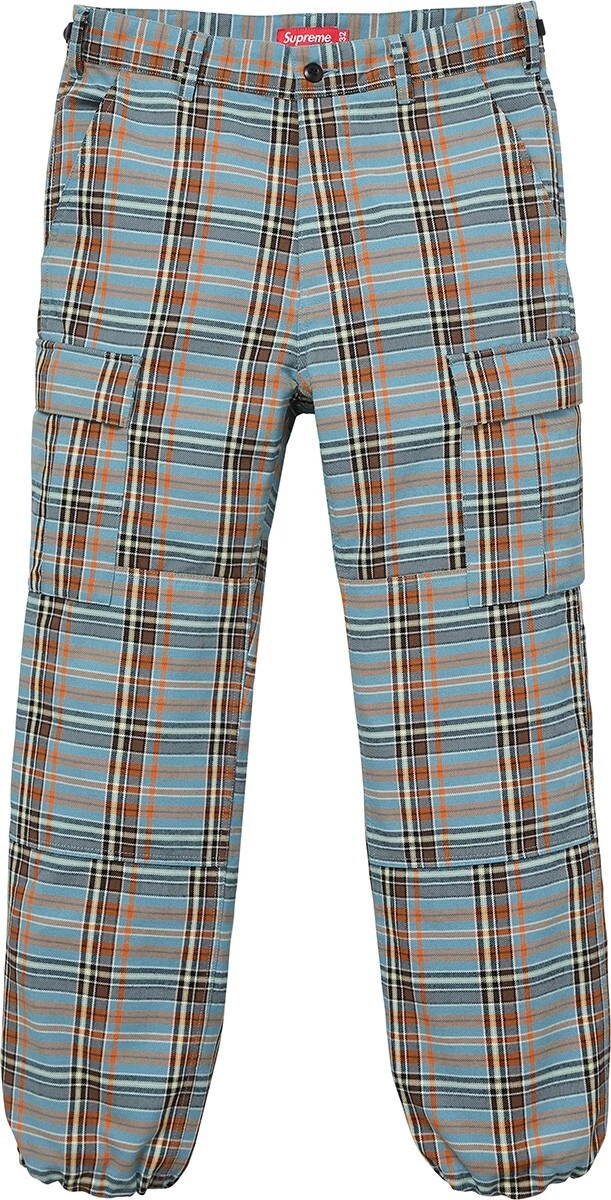 Neuf avec étiquette pantalon cargo à carreaux Supreme bleu/marron/orange hommes 34 SS17