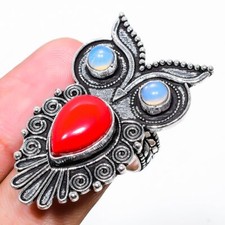Italian Red Coral, Opal Gemstone 925 Sterling Silver Jewelry Ring Size 6.5 r794