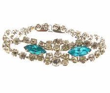 Vintage Blue Clear Rhinestone Bracelet 1x7 inch