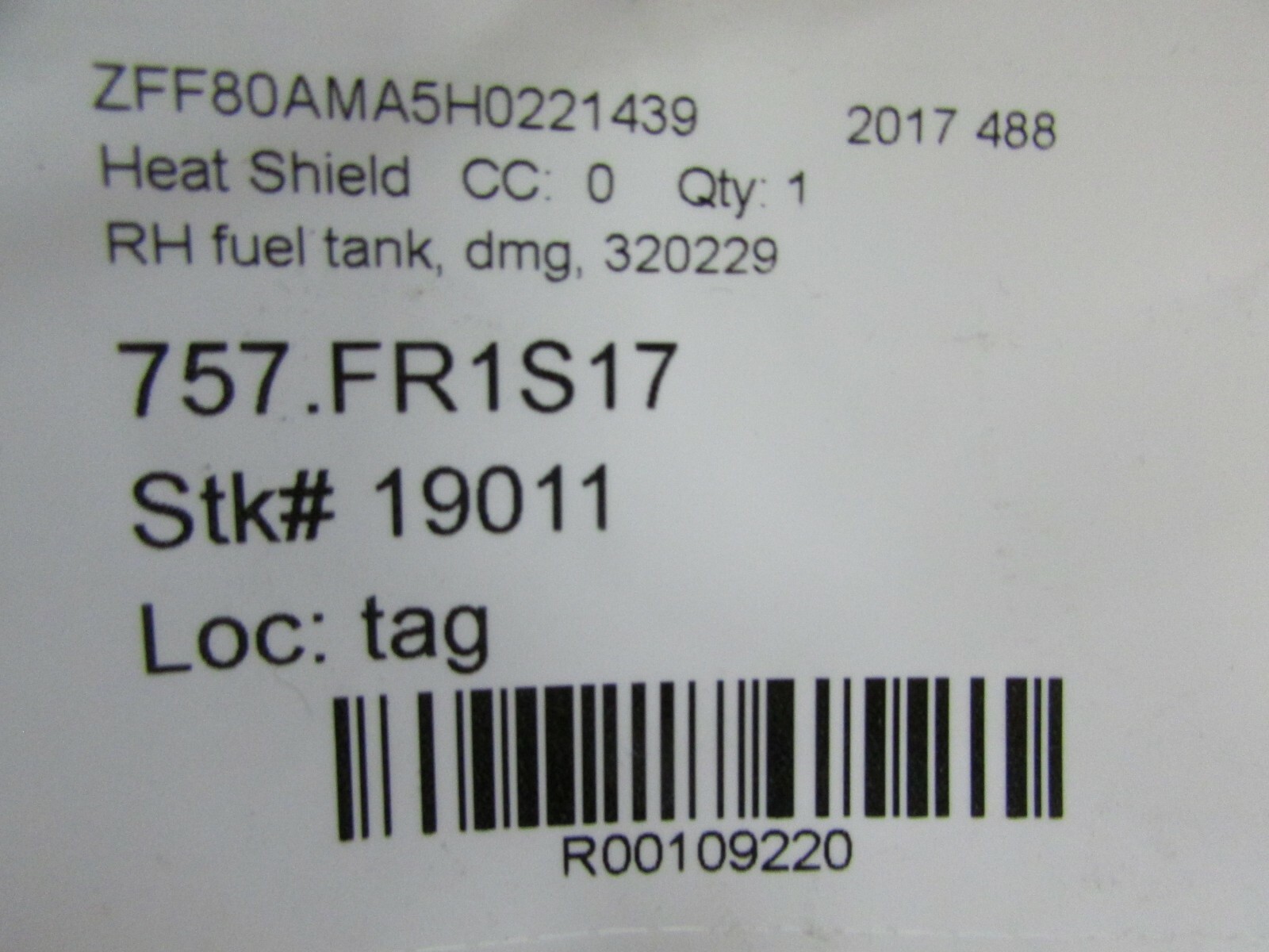 Ferrari 488, RH, Right Fuel Tank Heat Shield, Used, P/N 320229