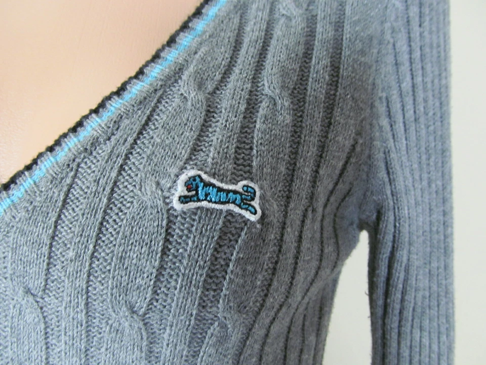 L码女式LE TIGRE 100%纯棉L/S电缆针织灰色套衫毛衣V领 — 第 3/4 张图片