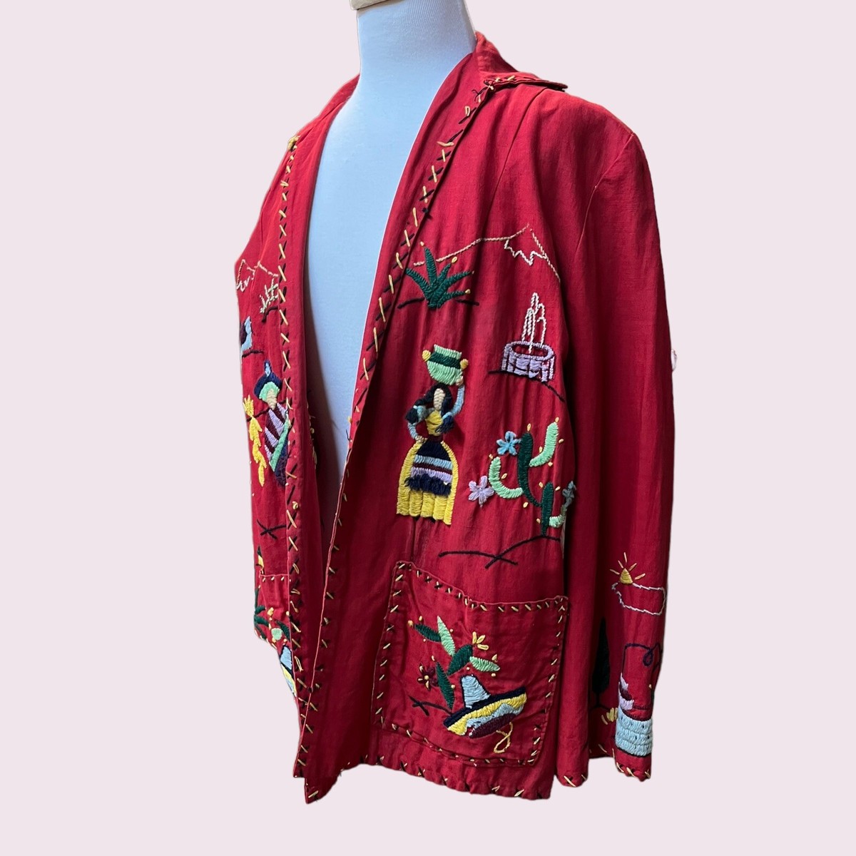 Vintage 1940s/50s Red Embroidered Mexican Tourist Jacket 40s