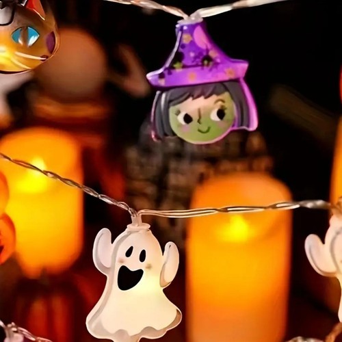 1 Stück Halloween LED Batterie Lichterkette mit Geist Kürbis Katze Spinne Skelett - Bild 13 von 25