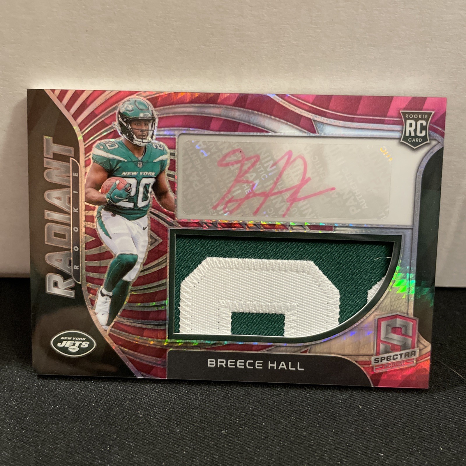 2022 Spectra Breece Hall Radiant Rookie Pink Neon 2 Color Patch Auto 25/25
