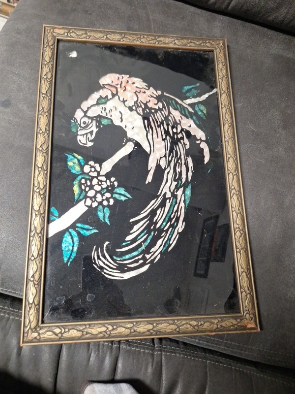 Antique Reverse painted Glass Tinsel foil Art Parrot wood frame 1920's Deco Tiki