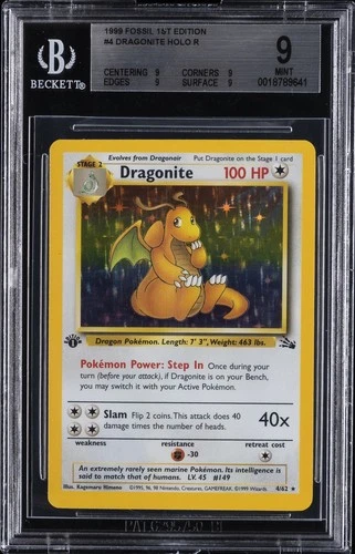 1999 POKEMON FOSSIL 1ST ED #4 DRAGONITE-HOLO BGS 9