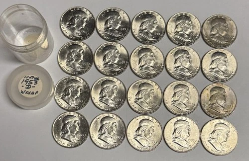 Tubed BU Roll of 20 1953-D Franklin Silver Half Dollars, Not Junk! Uncirculated