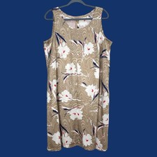 Tan Floral Sleeveless Shift Dress White Navy Red Botanical Print Round Neck
