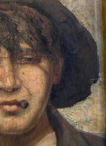 ANTICO QUADRO OLIO R. Frigerio RITRATTO GENERE SCUGNIZZO RAGAZZO con SIGARETTA - Foto 8 di 14