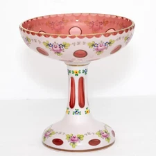 Vintage Bohemian Moser Czech Glass Compote Pedestal Bowl White Cut To Cranberry