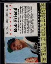 1961 Post Cereal #125 Bob Friend, Vg, Pittsburgh Pirates, Handcut