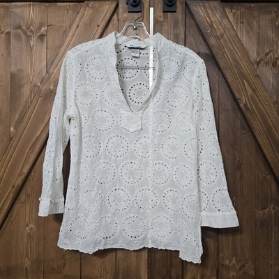 Nygard Selection Womens White Eyelet Blouse Size 12 100% Cotton Boho Top