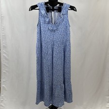 Floral Midi Dress Womens XS Blue White Ruffle Sleeveless Cottagecore Oversized