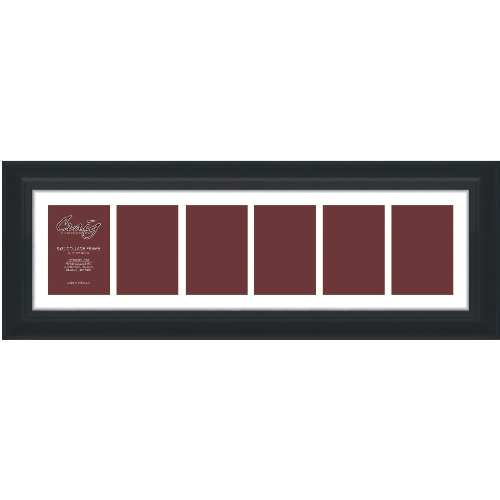 9x32 Black Collage Frame with 6 5x7 Openings and White Mat for Wall Display