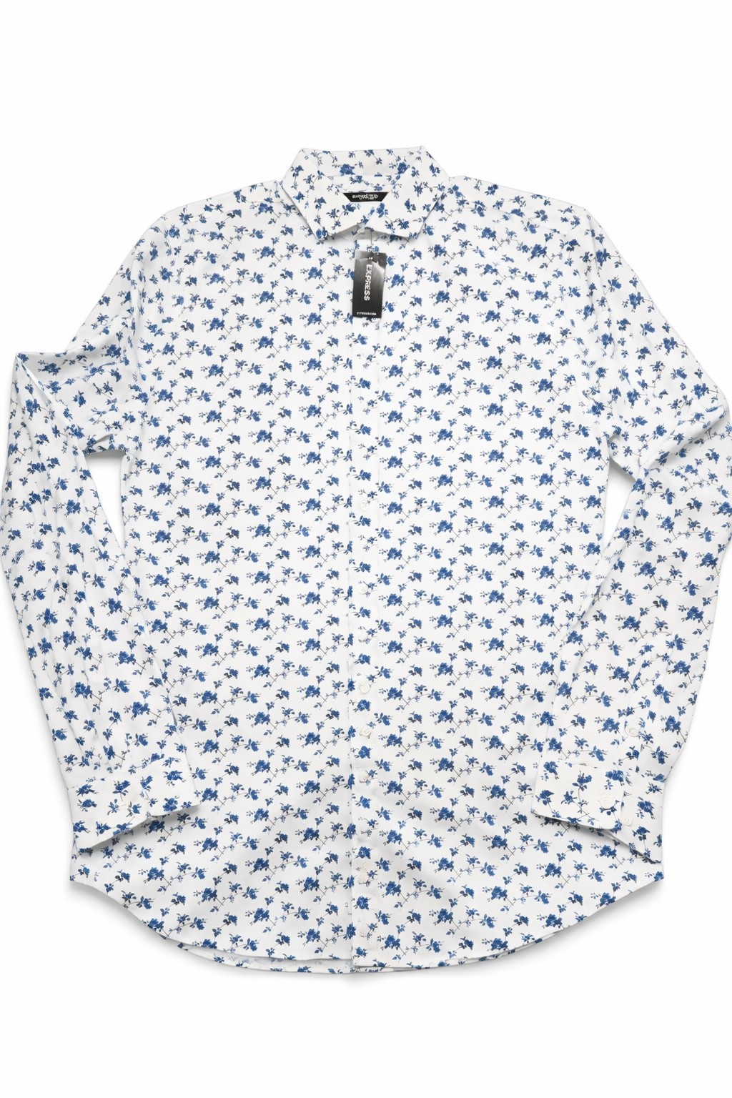 Express Men’s Floral Button Down Shirt Blue White Long Sleeve Size M