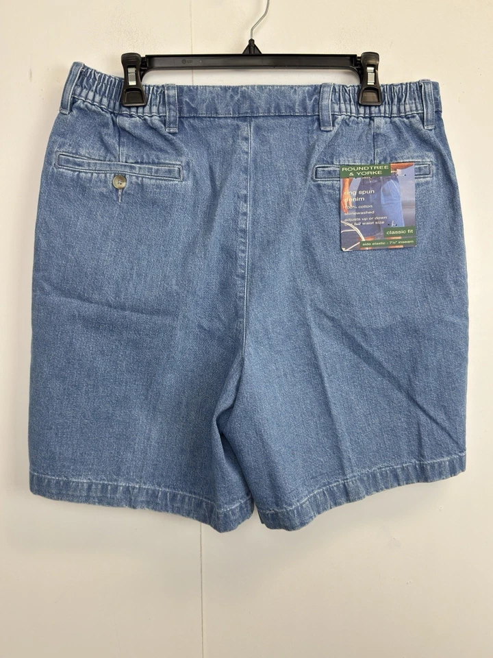 "Pantalones cortos de mezclilla Roundtree & Yorke para hombre talla 34 azul calce clásico plisado algodón 8""" Foto 4 de 4