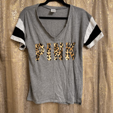 PINK Victorias Secret Gray Black White Cheetah Logo V Neck T Shirt Oversized XS