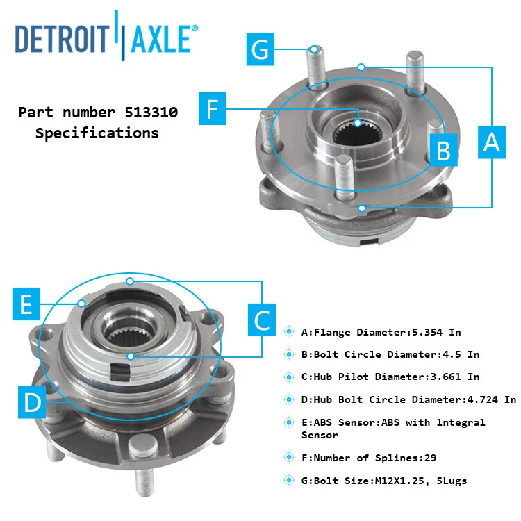 Conjunto completo de cojinete de rueda delantera y buje para Nissan Murano Quest 3,5 L Foto 3 de 4