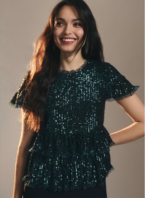 Anthropologie Endless Rose green tiered sequin top xs