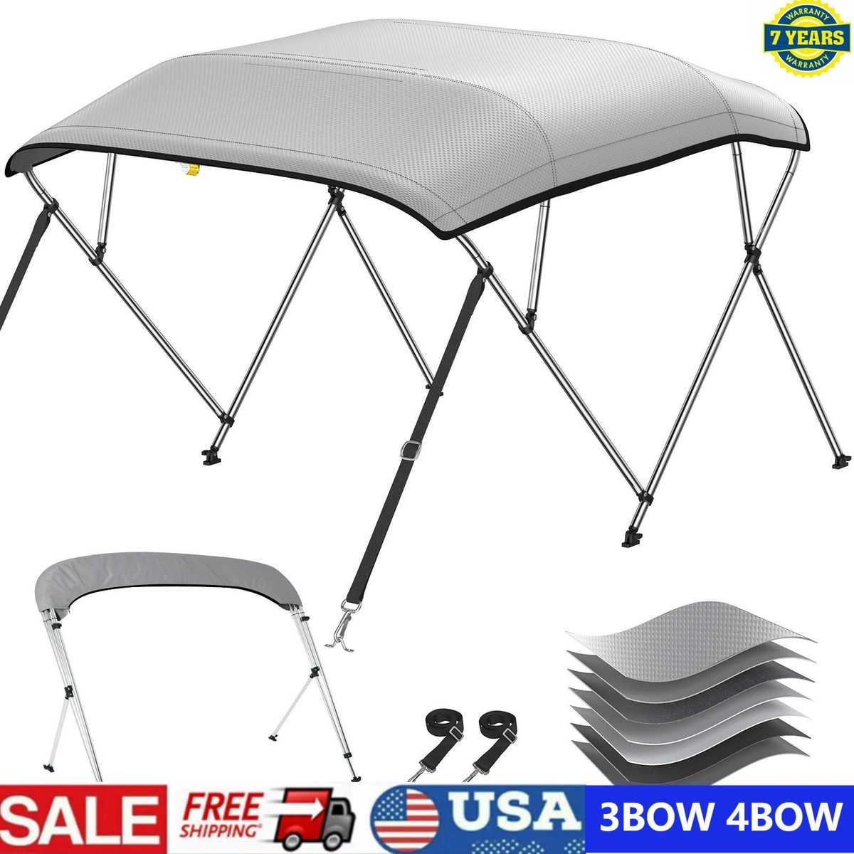 SereneLifeHome Waterproof Boat Bimini Top Cover - 61-66" W 4 Bow Bimini Top Canvas Sun Shade Boat Canopy 1" Double Wall Alu Frame Tube, 2