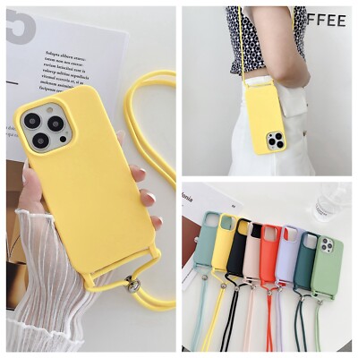 For iPhone 15 Pro Max 14 Plus 13 12 11 Shockproof Neck Strap Silicone Case Cover