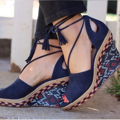 NEW | CAbi Women's Isla Sandal Woven Espadrille Suede Wedges | Navy Aztec | 11