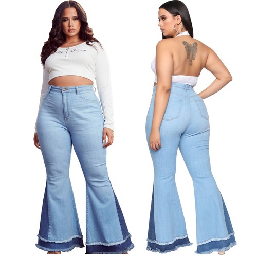New Fashion Women Plus Size High Waist Patchwork Denim Flare Pants Blue  XL-5XL | eBay