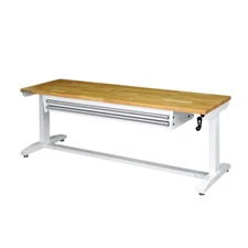 Adjustable Height Work Bench Table 2-Drawer 72 in White Solid Wood Top Furniture
